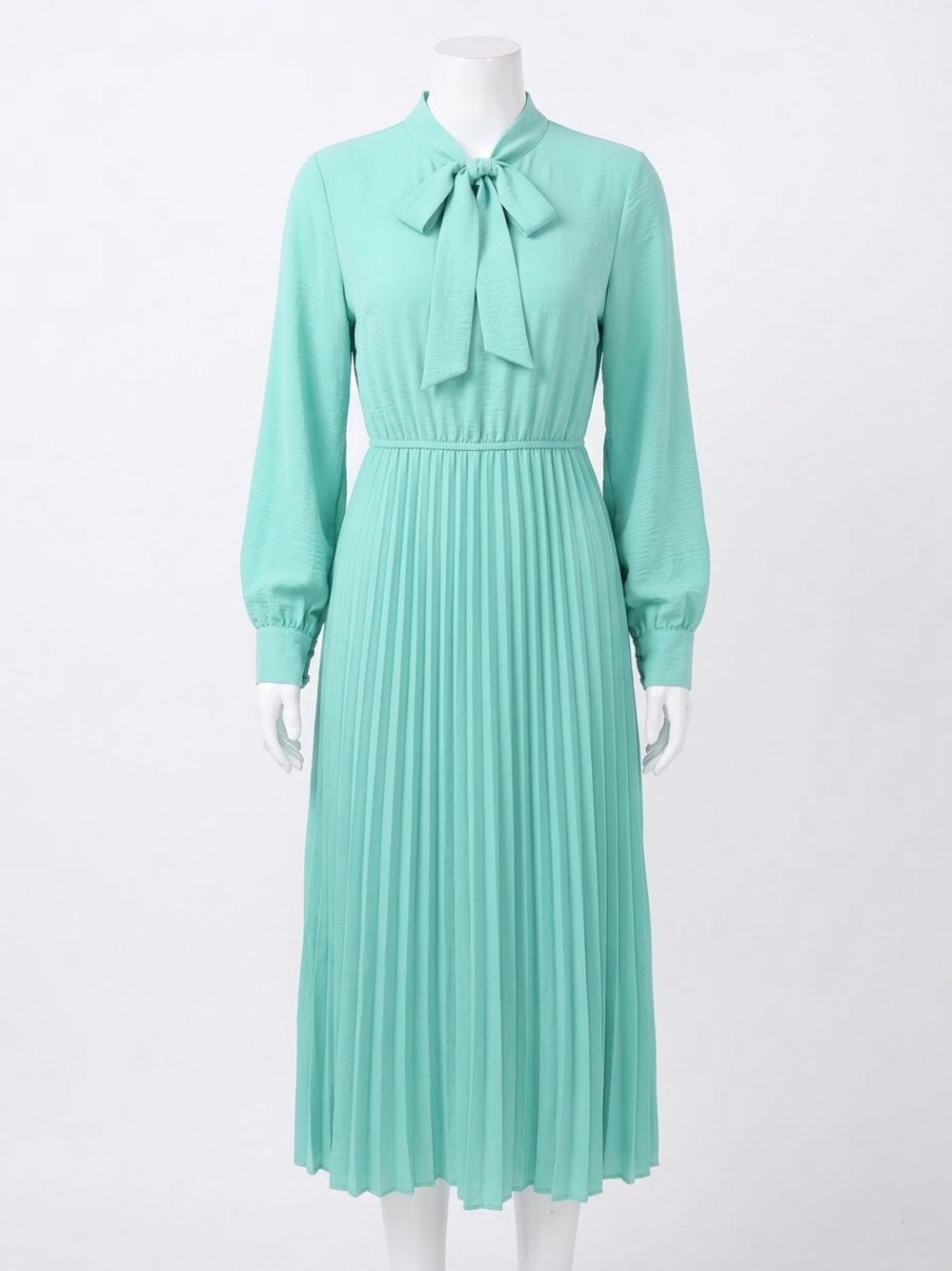 Calvin Klein Mint Green Pleated Tie-Neck Long Sleeve Midi Dress